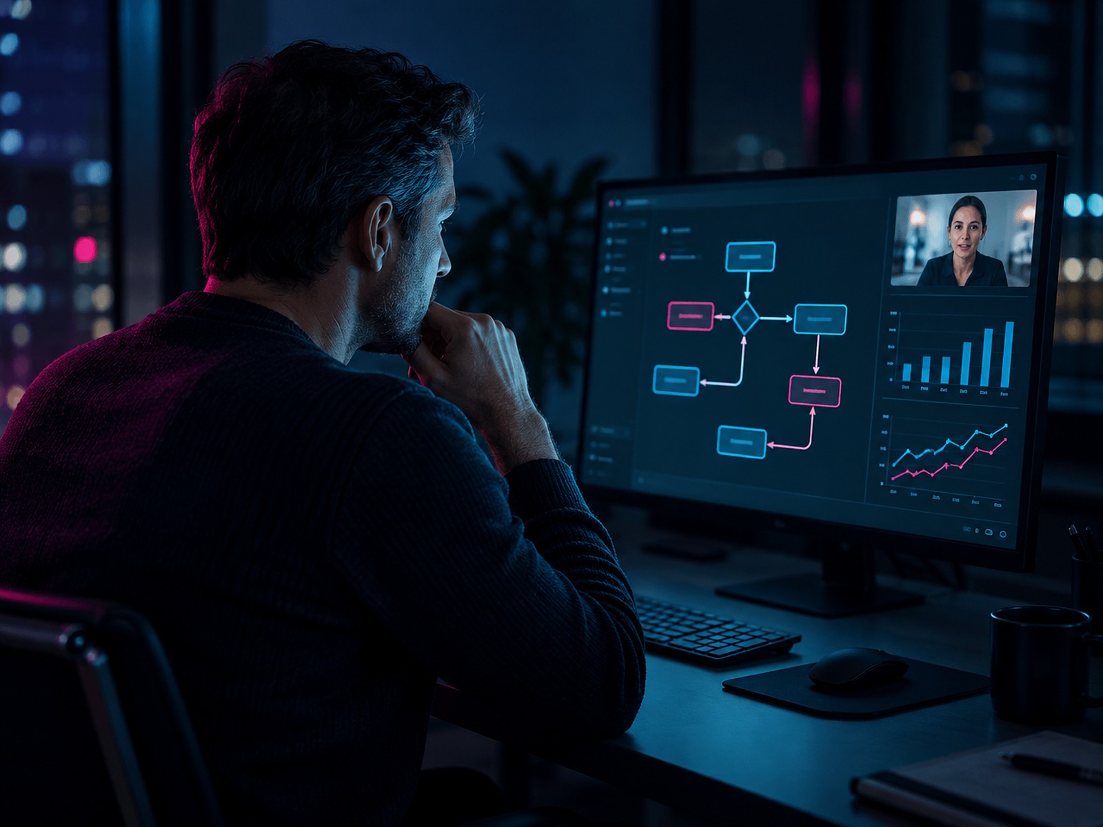 Business Architect in videocall, concentrato su un diagramma di processo condiviso sullo schermo