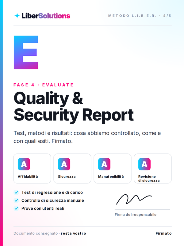 Copertina del Quality & Security Report, fase 4 del Metodo L.I.B.E.R.